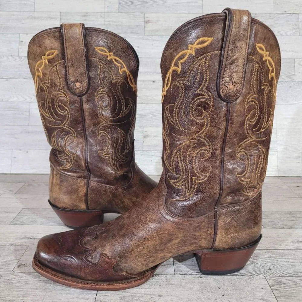 Tony Lama Brown Heeled Boots with Gold Embroidery - Picture 7 of 9